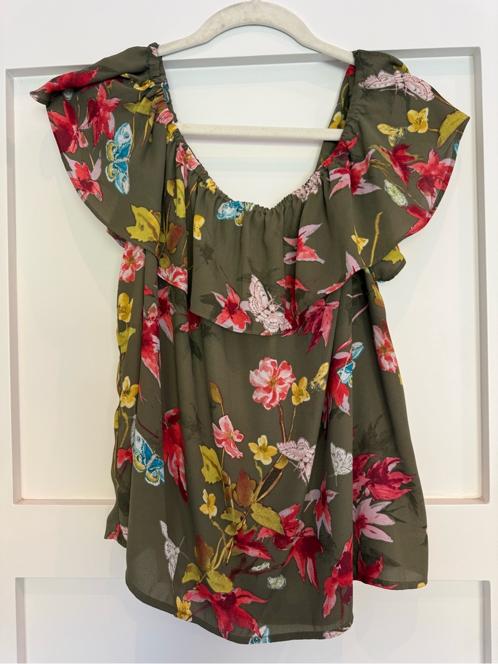 Maeve Olive Floral Ruffle Sleeve Blouse